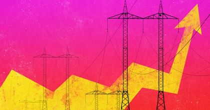 2D illustration of power lines with a giant yellow line going up and to the right behind them