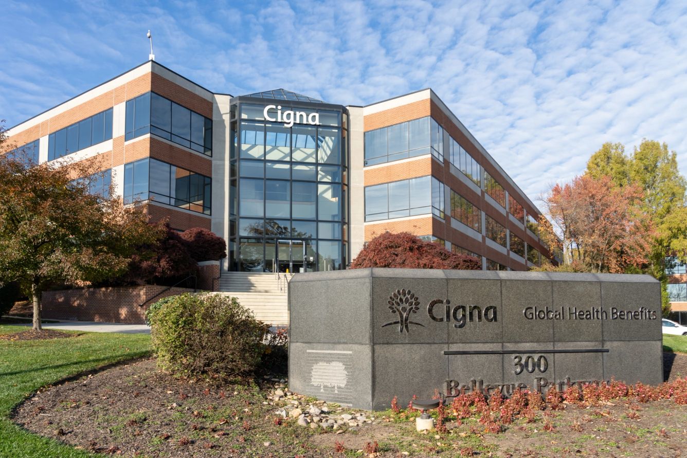 Outside view of a hospital with Cigna logo on sign