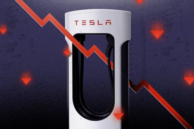 Tesla charging station with declining stock price line going through it 