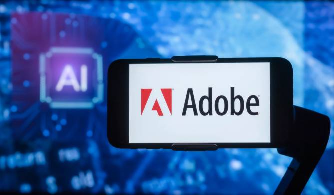 An Adobe logo arranged in front of a chip that says "AI."