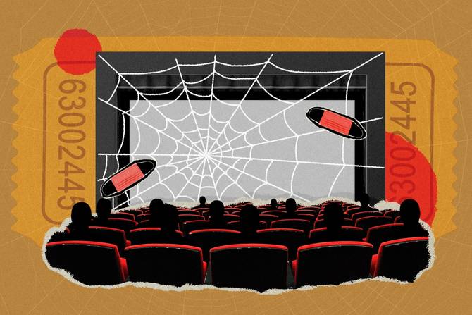 Theater illustration with spider web over it