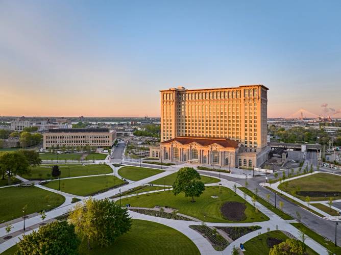 Aerial view of Michigan Central Station