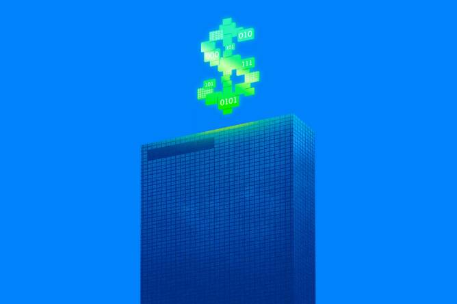 AI screens in the shape of a dollar sign over the top of a building,