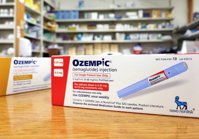 Two boxes of Ozempic in a pharmacy