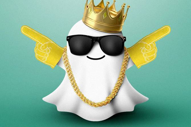 Snapchat ghost with crown, sunglasses, gold chain, and foam fingers