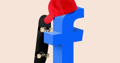 A Facebook logo wearing a backwards red cap holding a skateboard