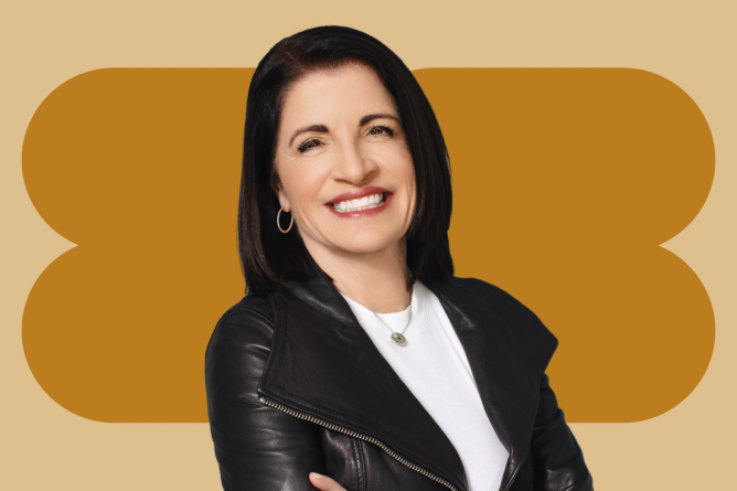 A portrait of Kelly Steckelberg, the CFO of Canva against a brown graphic background.
