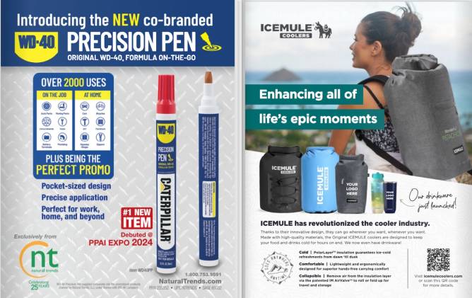 Ads from WD-40 and Icemule in the March issue of PPAI Magazine promoting the brands as worthy promotional merch.