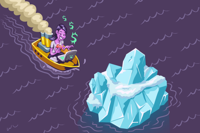 A shopper in a boat sails toward an iceberg
