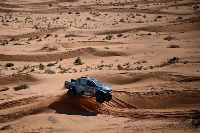 French driver Romain Dumas and co-driver Max Delfino compete during the Stage 5 of the Dakar 2023 in Saudi Arabia
