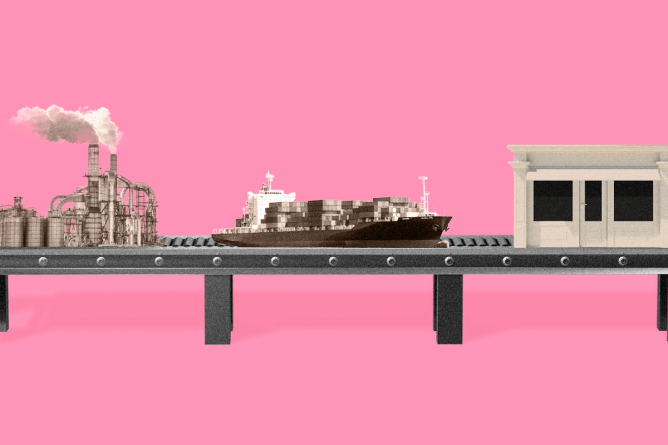 A conveyor belt with a manufactoring plant, a shipping boat, and a retail store on it