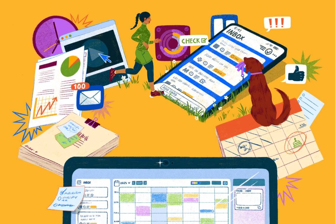 生產力和待辦事項清單文件電話圖示的卡通拼貼畫