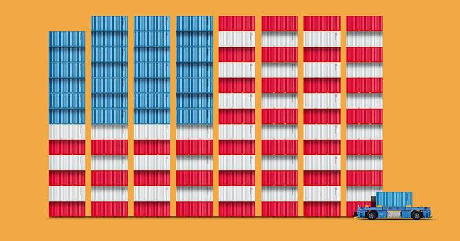 An illustration in which dozens of cargo containers are stacked in such a way that they resemble the American flag.