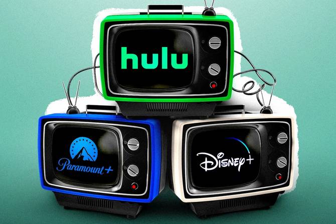 three TVs with Paramount+, Hulu, and Disney+ logos on them