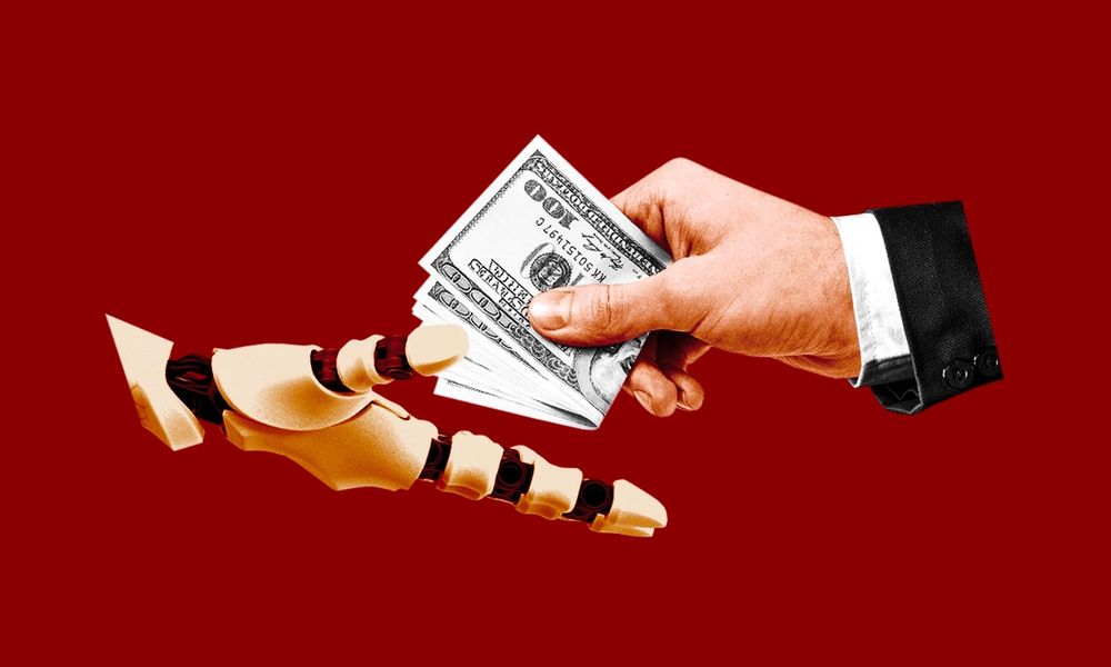 Business hand handing money over to AI hand representing venture capital funding to AI startups.