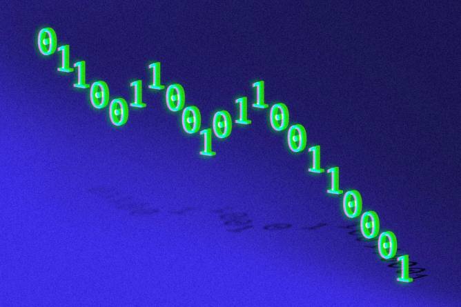 Image of a line of binary code floating across a blue background