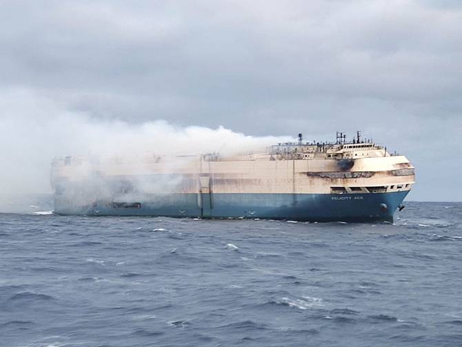 The Felicity Ace ship burns more than 100 km from the Azores islands, Portugal