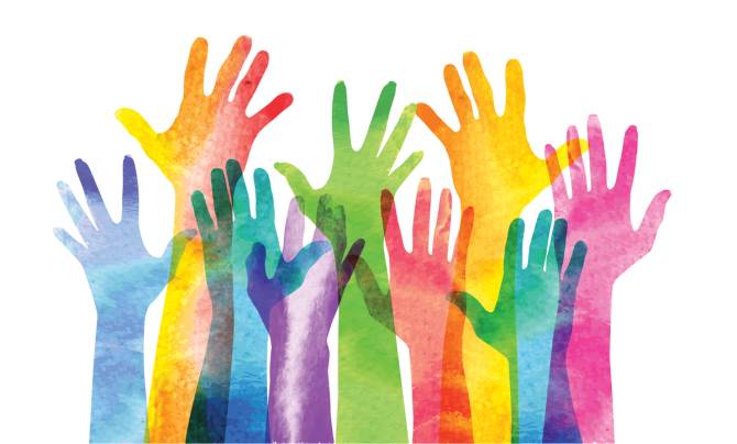 Illustrated arms of different colors reach up together seeking opportunity.