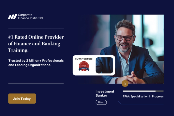"Corporate Finance Institute, #1 Rated Online Provider of Finance and Banking Training, Trusted by 2 Million Professionals and Leading Organizations, Join Today," accompanied by an image of an investment banker.