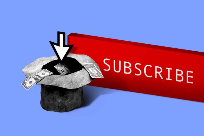 Illustration of a subscribe button and a hat with money in it