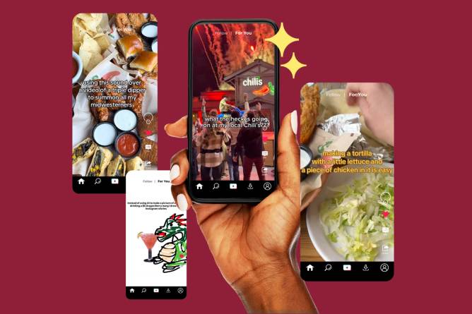 screenshots from Chili's TikTok posts featuring food and restaurant exteriors on mobile phone screens, with one screen in the middle held by a hand