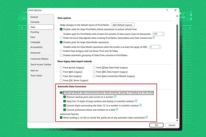 Screenshot showing how to select File > Options > Data > Automatic Data Conversion that you can now disable.