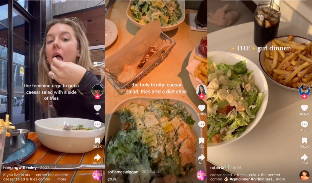 Three screenshots of TikToks celebrating Caesar Salad and French Fry combo.
