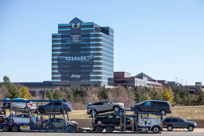 Cars in front of Stellantis's US headquarters