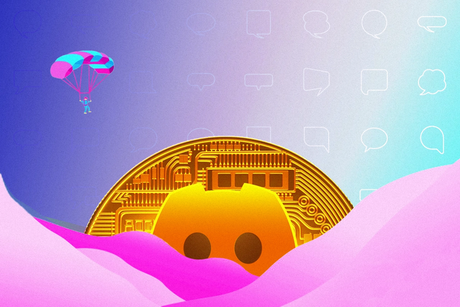 a colorful image of a man parachuting into a coin