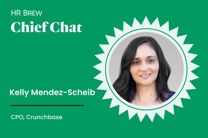 Green image that says HR BRew Chief Chat Kelly Mendez-Scheib CPO Cruncbase next to a headshot of a woman smiling inside a star icon
