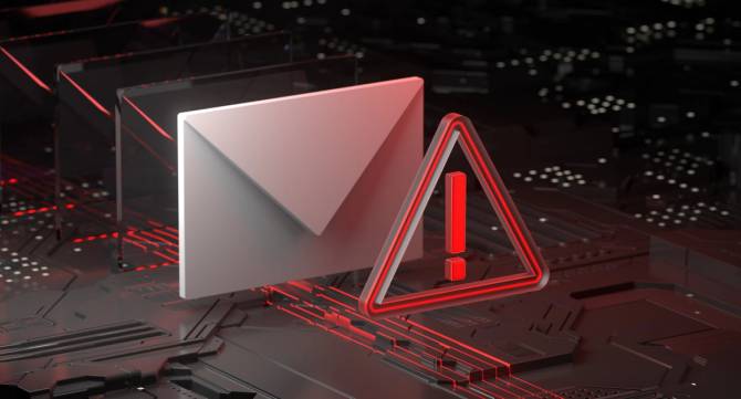 Email logo floating through a black and red digital space with a warning triangle and exclamation point sign in front of it