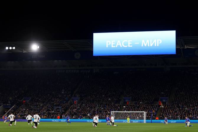 The LED screen inside the stadium shows a peace message to indicate peace and sympathy with Ukraine