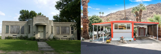 Old art deco school and fully updated mobile home.