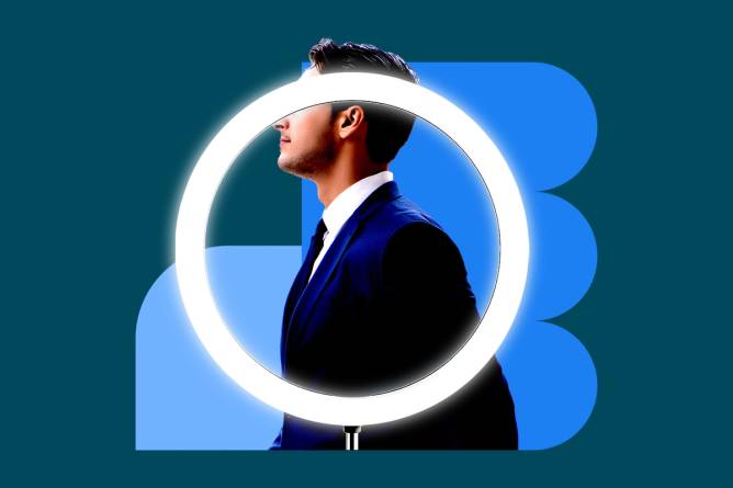 Photo collage of a business man behind a ring light.