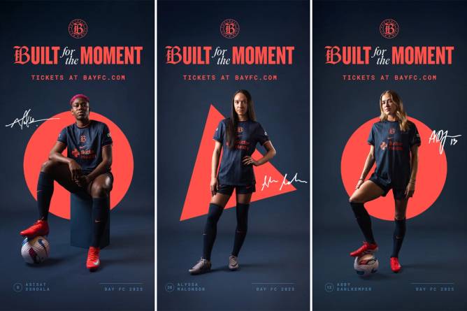 Tri-split image of Bay FC players for Built for the Moment campaign.