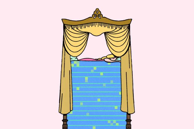 An illustration of a tall tower of ai mattresses with a sleeping figure at the top