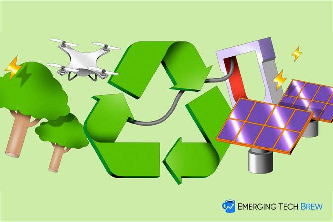 Image of recycling logo, trees, solar panels, drones, and EV chargers on a green background