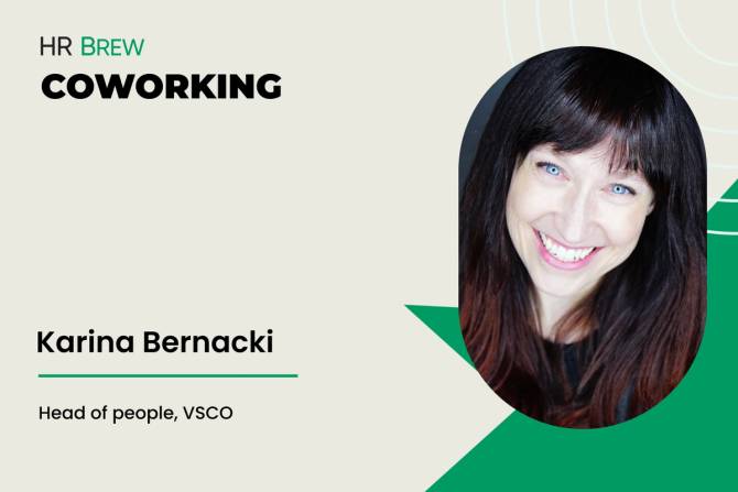 image that says "hr brew coworking, karina bernacki, head of people, VSCO" next to a headshot of a woman with blue eyes and dark hair smiling