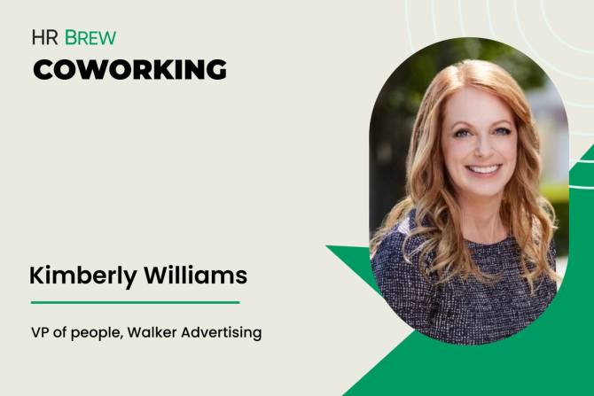 Image on a tan background that says HR Brew Coworking, Kimberly Williams, VP of people, Walker Advertising next to a headshot of a blonde woman smiling