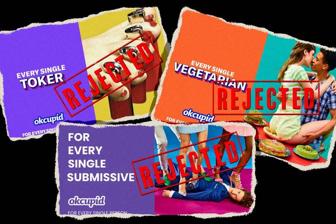 an image of three OkCupid ads that were rejected by the MTA this year