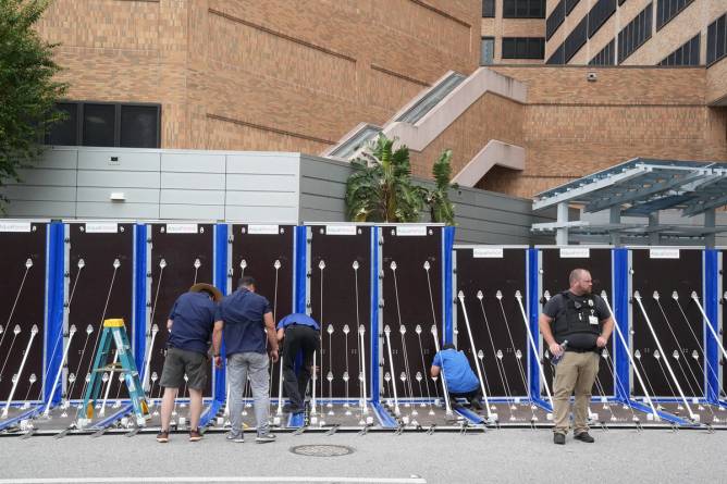 An AquaFence flood wall in Tampa ahead of Hurricane Milton