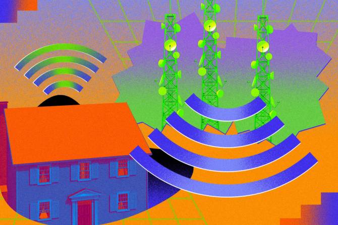 wifi symbols overlaid with houses and cell towers