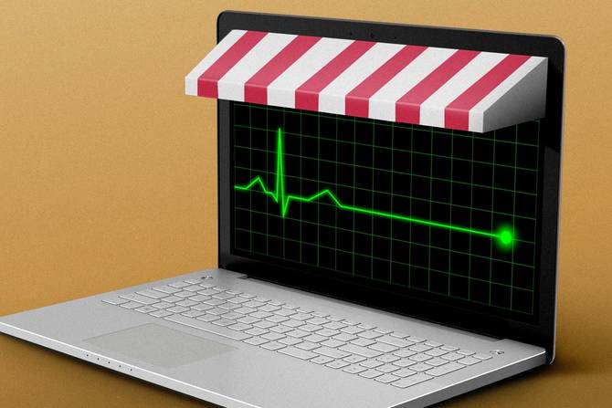 An illustration of a laptop storefront with a weak heartbeat monitor
