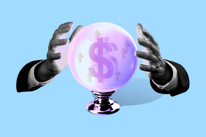 Two hands coming out of a suit over a crystal ball with a dollar sign and arrows pointing up in it.