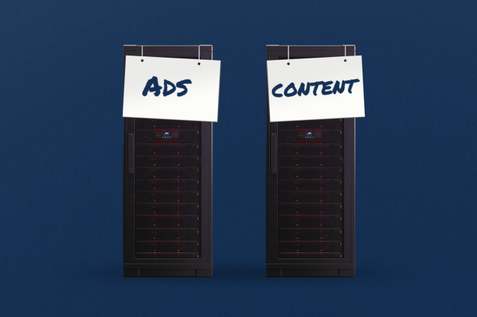 Two servers sitting next to each other, one labeled "Ads" and the other labeled "Content"