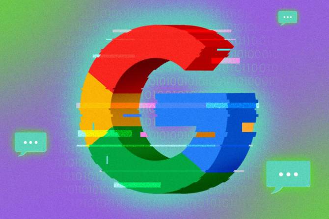 Google logo with chatbot messages floating around it