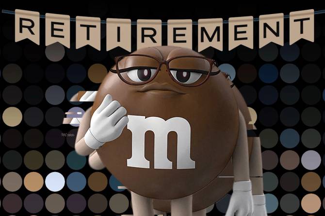An M&M character standing in front of a retirement sign