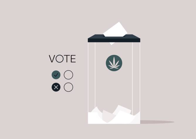 A ballot box with a cannabis leaf symbol on the side, illustrating a vote on marijuana legalization.