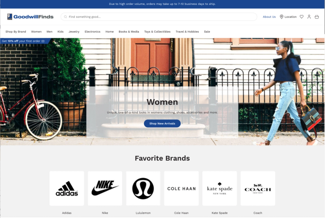 The landing page for women's products for the GoodwillFinds ecommerce website