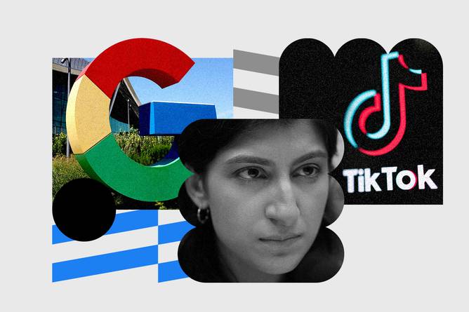 Illustration of Google logo, Lina Khan, and TikTok logo